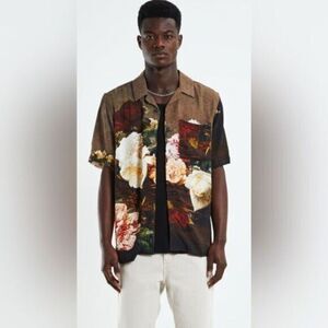 NWT New Order Men’s Tan Floral Roses Short Sleeve Button Down Shirt - Size XL